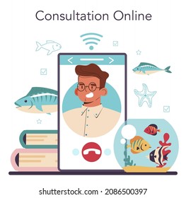 Ichthyologist online service or platform. Ocean fauna scientist study fish. Endangered species protection. Online consultation. Flat vector illustration