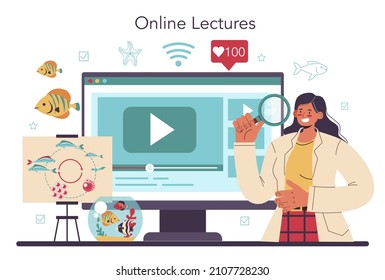 Ichthyologist online service or platform. Ocean fauna scientist study fish. Endangered species protection. Online lecture. Flat vector illustration