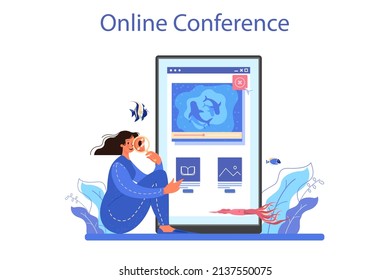 Ichthyologist Online Service Or Platform. Ocean Fauna Scientist. Branch Of Zoology Devoted To The Study Of Fish. Endangered Species Protection. Online Conference. Flat Vector Illustration