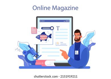 Ichthyologist online service or platform. Ocean fauna scientist. Branch of zoology devoted to the study of fish. Endangered species protection. Online magazine. Flat vector illustration