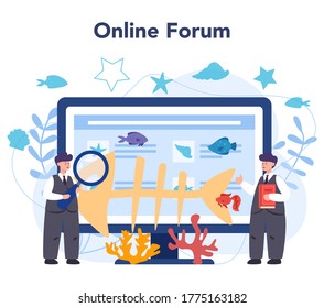 Servicio o plataforma online de ictiólogos. Científico de la fauna oceánica. Foro en línea. Ilustración vectorial aislada