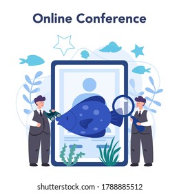 Ichthyologist online service or platform. Oceanic fauna scientist. Online conference. Isolated vector illustration