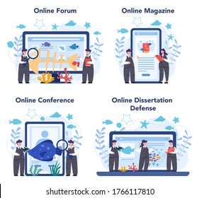 Ichthyologist online service or platform set. Oceanic fauna scientist. Online forum, magazine, dessertation defense and conference. Isolated vector illustration