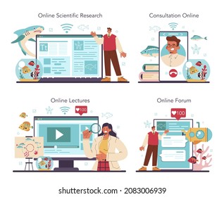 Ichthyologist online service or platform set. Ocean fauna scientist study fish. Endangered species protection. Online consultation, forum, lecture, research. Flat vector illustration