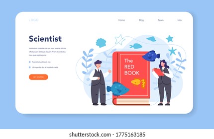 Ichthyologist web banner or landing page. Oceanic fauna scientist. Practical studying of branch of zoology devoted to the study of fish. Isolated vector illustration