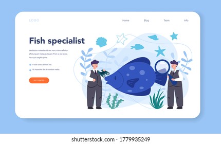 Ichthyologist web banner or landing page. Oceanic fauna scientist. Practical studying of branch of zoology devoted to the study of fish. Isolated vector illustration