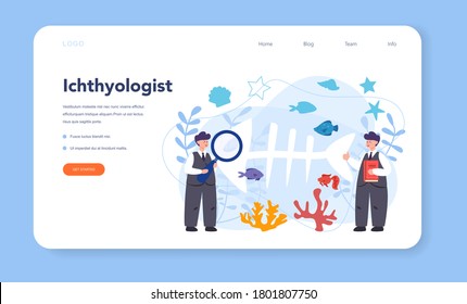 Ichthyologist web banner or landing page. Oceanic fauna scientist. Practical studying of branch of zoology devoted to the study of fish. Isolated vector illustration
