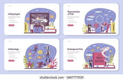 Ichthyologist web banner or landing page set. Ocean fauna scientist. Practical studying of branch of zoology devoted to the study of fish. Endangered species protection. Isolated vector illustration