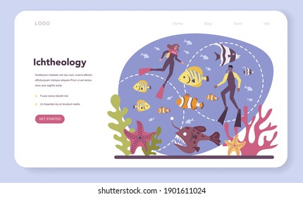 Ichthyologist web banner or landing page. Ocean fauna scientist. Practical studying of branch of zoology devoted to the study of fish. Isolated vector illustration