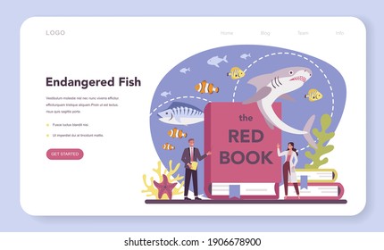 Ichthyologist web banner or landing page. Ocean fauna scientist. Practical studying of branch of zoology devoted to the study of fish. Endangered species protection. Isolated vector illustration