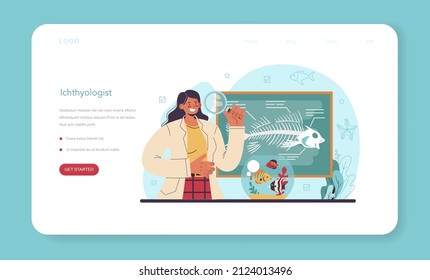 Ichthyologist web banner or landing page. Ocean fauna scientist. Practical studying of branch of zoology devoted to the study of fish. Endangered species protection. Isolated vector illustration