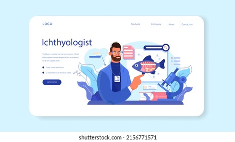 Ichthyologist web banner or landing page. Ocean fauna scientist. Practical studying of branch of zoology devoted to the study of fish. Endangered species protection. Isolated vector illustration