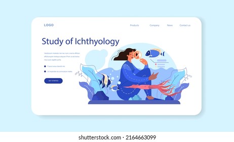 Ichthyologist Web Banner Or Landing Page. Ocean Fauna Scientist. Practical Studying Of Branch Of Zoology Devoted To The Study Of Fish. Endangered Species Protection. Isolated Vector Illustration