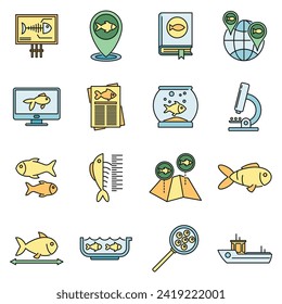 Ichthyology fish icons set. Outline set of ichthyology fish vector icons thin line color flat on white