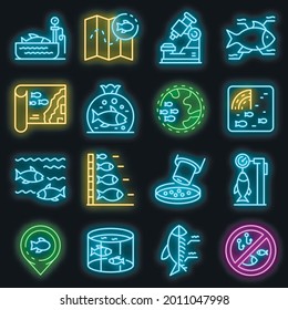 Ichthyology icons set. Outline set of ichthyology vector icons neon color on black