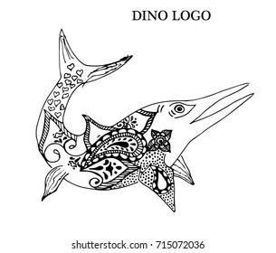 Ichthyosaur. Cartoon, hand drawn, vector illustration Doodle dinosaurs. The motif of the Jurassic period. Anti-stress coloring for adults