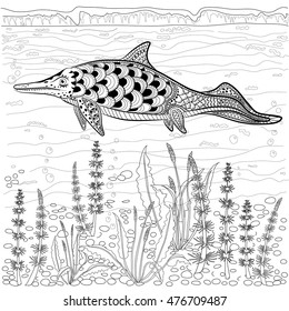 Ichthyosaur - prehistoric reptile monster in nature. Antistress Coloring Book for adults.