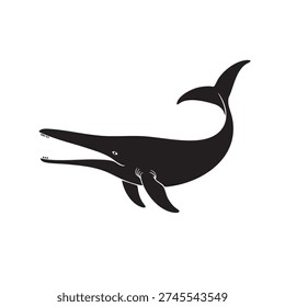 Ichthyosaur vector graphic illustration features a striking black silhouette of this powerful prehistoric ancient marine reptile, showcasing its distinctive long snout and sharp teeth, making it ideal for scientific and educational design projects.
