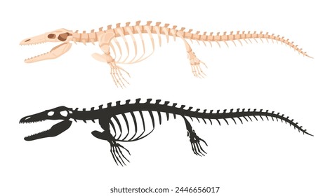 Ichthyosaurus skeleton silhouettes. Underwater archaeological dinosaur fossil bones, jurassic ichthyosaurus raptor flat vector illustration. Ancient water fossil skeleton