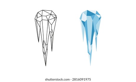 Icicle geometric icon set featuring a minimalist black line art vector design and a matching blue shaded low poly illustration isolated on a clean white background for modern graphic projects.
