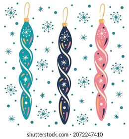 Icicle glass Christmas toys. Soviet New Year decoration. Vector illustration.