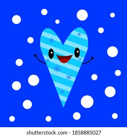 icicle ice cartoon character in the shape of a heart is covered with patterns of snowflakes he smiles and laughs on the background of the evening sky next to it is snow falling winter and holidays con