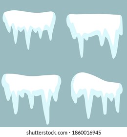 Icicle. Ice and white snow. Flat cartoon illustration. Winter decoration for Christmas background. Cold season