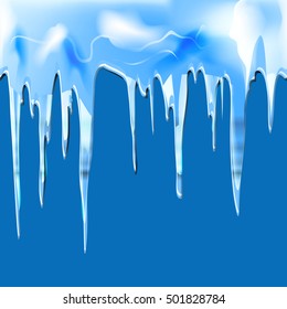 Icicle realistic seamless vector border for Winter background. Natural icicles hanging down from a roof on a blue background