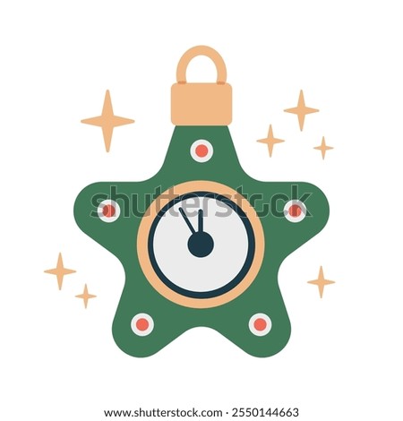 Icicle shaped Christmas tree toy. Star shaped Christmas toy with clock face. Hand drawn Vector illustration. Flat design. Cartoon style