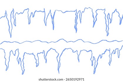 Conjunto de estante de hielo dibujado por niños. Pinceladas de garabatos de cera pastel azul sobre un fondo de pizarra imitan un boceto de carbón. Elementos de collage de doodle de Vector simples para uso en la escuela o el jardín de infantes.