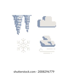 Icicle and snow pixel art icons. Winter theme set. Snow and cloud isolated vector illustration
