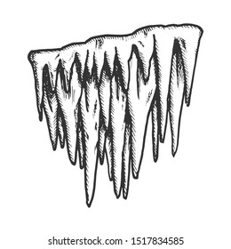 Icicle Stalactite Frost Element Monochrome Vector. Glacial Subfreezing Weather, Vertical Icy Stalactite. House Winter Decoration Engraving Mockup Designed In Vintage Style Black And White Illustration