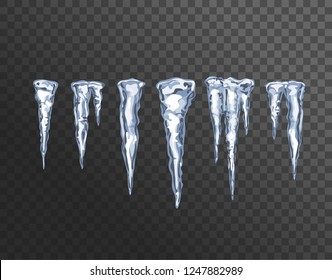 Icicle. Stalactite, Ice Spikes. Icicles Set Isolated On Transparent Background. Winter Weather, Snow Crystals. Vector Design Elements