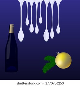 Icicles, a bottle of wine, a bright ball - dark blue background - vector. Banner. Christmas decoration. Winter holidays svg