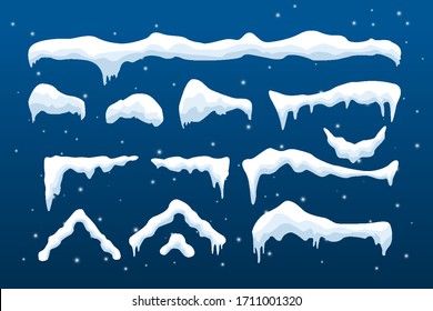 Icicles set on site menu bar and buttons. New year snowflakes decoration kit for website. Snow caps