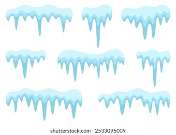 Icicles set. Snow caps with ice. Snowdrifts collection. Winter frames or decorative elements. Christmas or New Year theme. Vector illustration on white background.