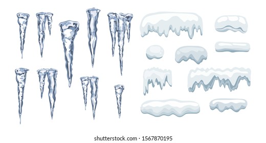 Icicles and Snow cap set. Ice and snowball. Realistic 3d objects isolated on white background.
