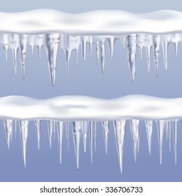 Icicles tileable borders set on blue background realistic isolated vector illustration 