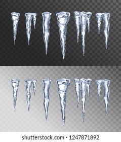 Icicles. Transparent Icicle set isolated on transparent background. Melting, snow break, dripping ice, melting ice crystals. Winter decorative design elements.