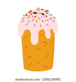 Icing cake with sweets decor. Bakery vector illustration. Hand draw style