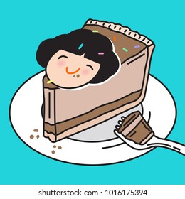 Icing Cookie Of Smiling Happy Girl's Face Decorates On The Chocolate Cake. Concept Of Sweet Lover Card Character illustration