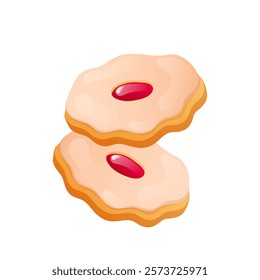 Icing cookies with jam in flat design. Frosted round desserts, bakery sweets. Vector illustration isolated.