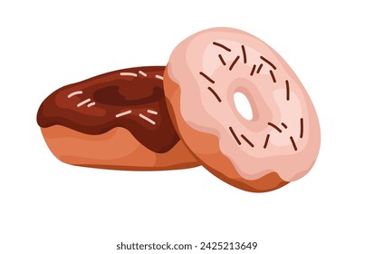 Icing donuts with sprinkles. Frosting chocolate doughnuts. Glazed pastry rings with sticky topping. Fresh baked food, tasty bakery, confectionery. Flat isolated vector illustration on white background