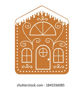 Icing gingerbread house with ornament. Christmas biscuit cookie isolated on white background. Vector flat illustration.