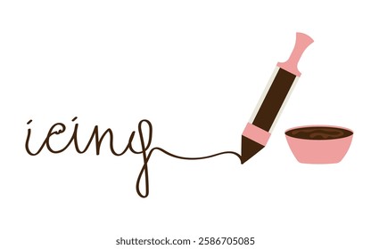 Icing lettering made with chocolate using a culinary syringe. Vector illustration of elements for decorating cookies, pastries