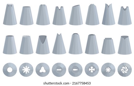 Icing nozzles icons set cartoon vector. Cake decoration. Tip frosting