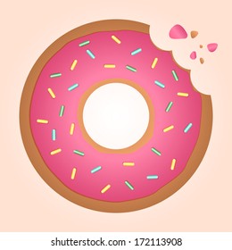 icing strawberry ring doughnut that has been bitten