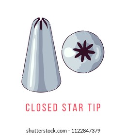 Icing tip illustration. Front view and top view. Closed star tip for creating stars, rosettes, shells, fleurs de lis, drop flowers, scrolls. Vector. 