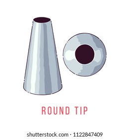 Icing tip illustration. Round piping nozzle. Front view and top view. Tip for beadlike borders, dotting flowers and outlining. Vector. 