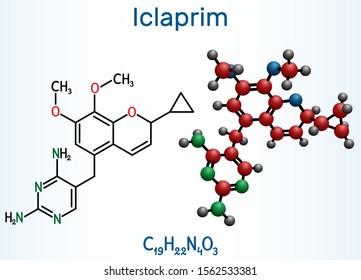 Iclaprim molecule. It is an antibiotic drug, is active against Gram positive organisms. Structural chemical formula and molecule model. Vector illustration
